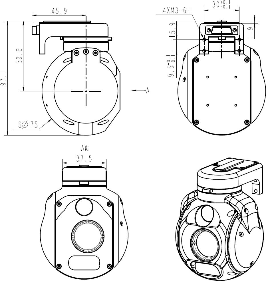 Drawing of Mini Gimbal Camera Payload with Three-sensor